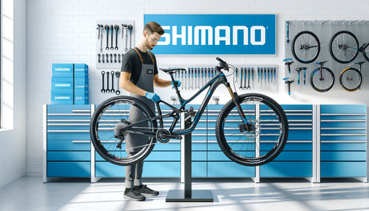 A skilled MoreBikes.ca mechanic, Shimano-certified, attentively fine-tunes a high-end mountain bike on a stand in a pristine workshop, with a prominent SHIMANO sign, a wall-mounted tool rack, and blue toolboxes enhancing the professional atmosphere.