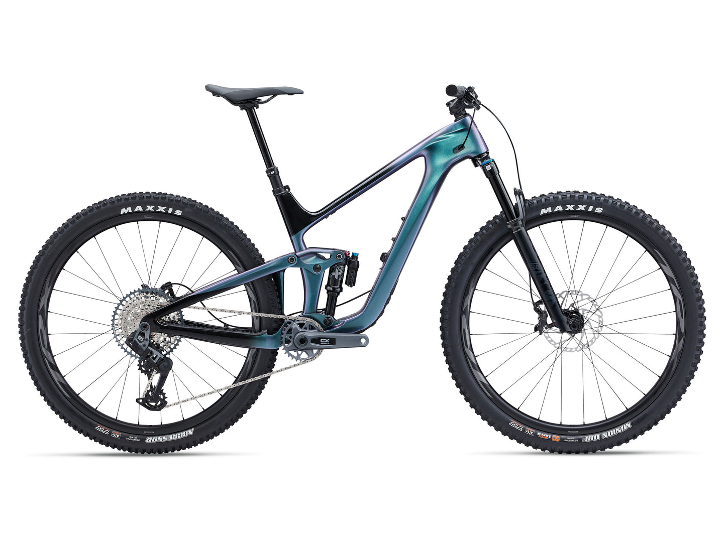 Mountain bike with teal frame and black components on a white background