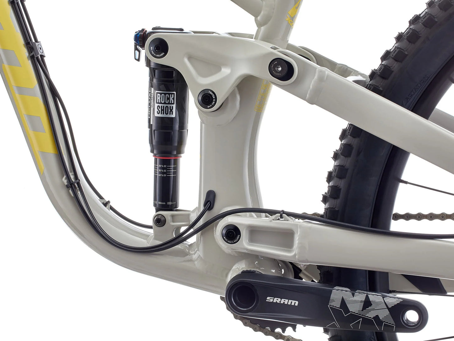 Close-up of a bicycle with Rock Shox suspension fork and SRAM components on a white background
