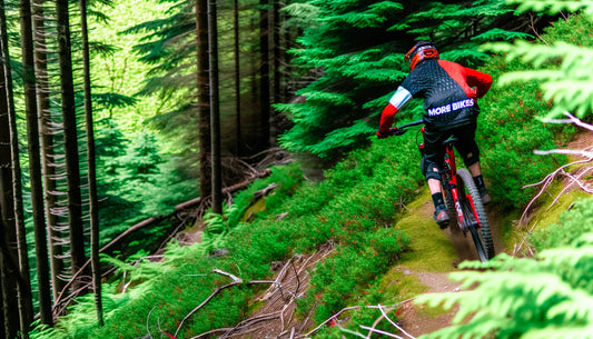 Mountain biker from MoreBikes.ca tackling the rugged and historical Severed D trail on Mount Seymour, embodying the adventurous legacy of North Shore riding.