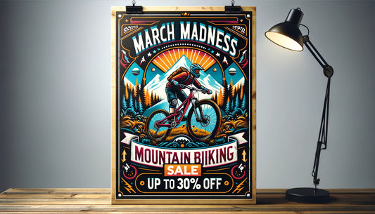 Promotional poster for March Madness Mountain Biking Sale illuminated by a desk lamp, showcasing a dynamic illustration of a cyclist riding a mountain bike on a vibrant trail with 'UP TO 30% OFF' boldly advertised at More Bikes Vancouver.