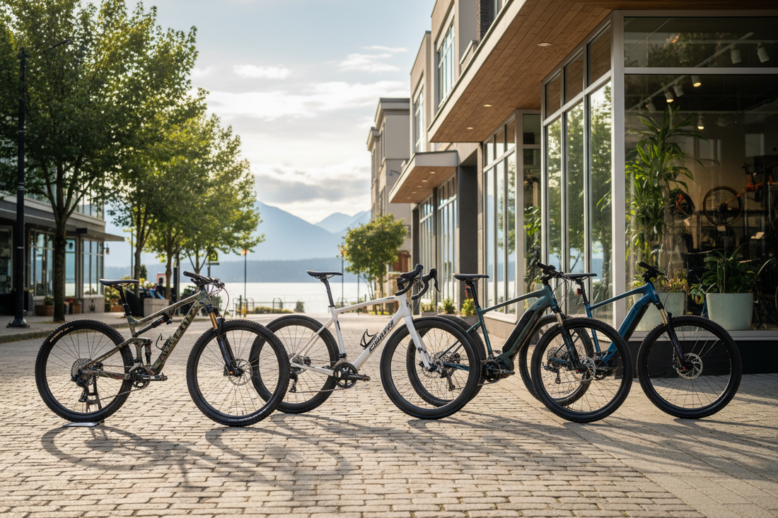 Mountain, road, gravel, and electric bikes lined up outside a Vancouver bike shop