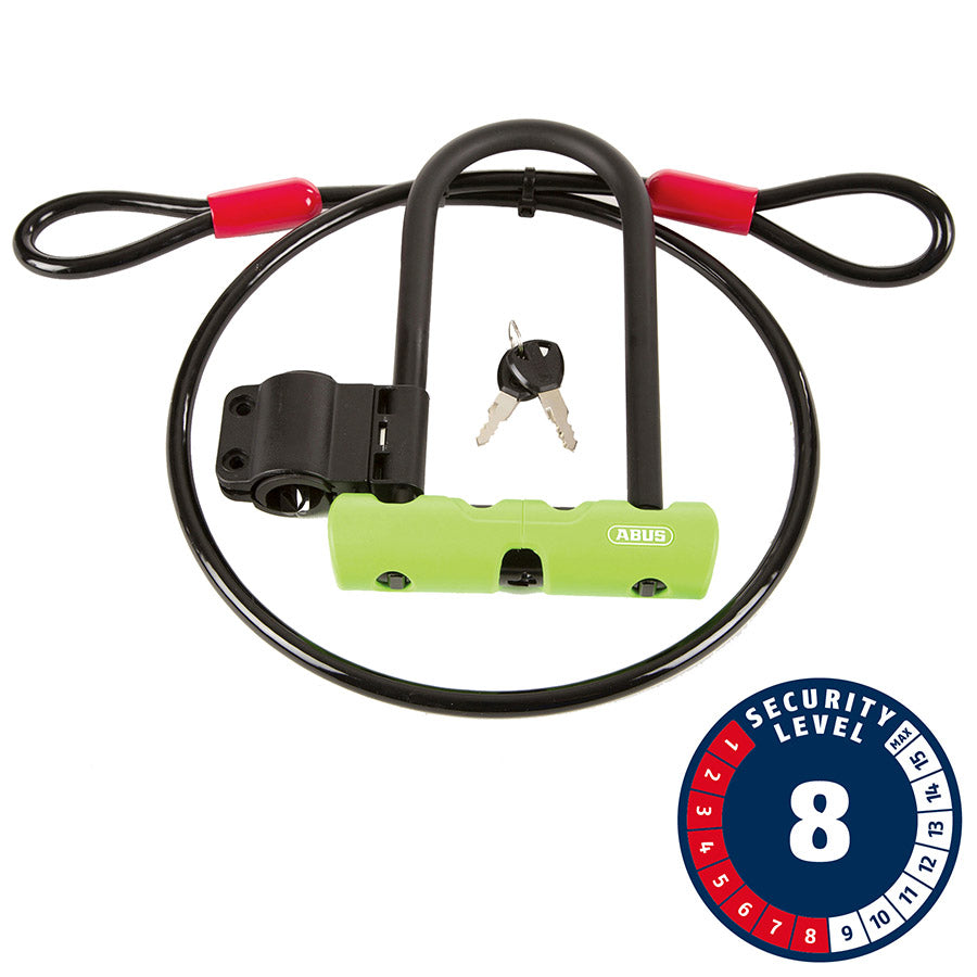 ABUS Ultra Mini/Cobra lock with cable, compact security accessory in black with silver accents, 180/150/13mm size.