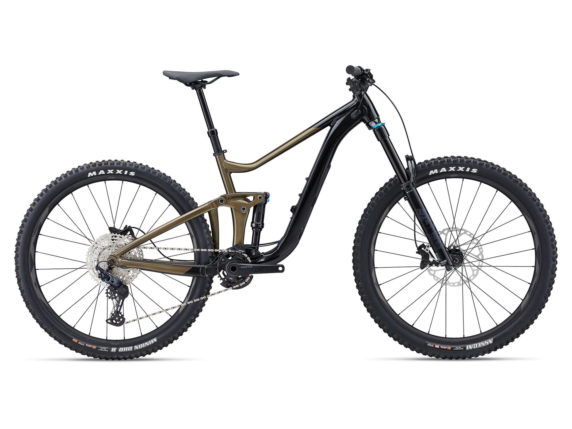 Mountain bike with a black and brown frame on a white background