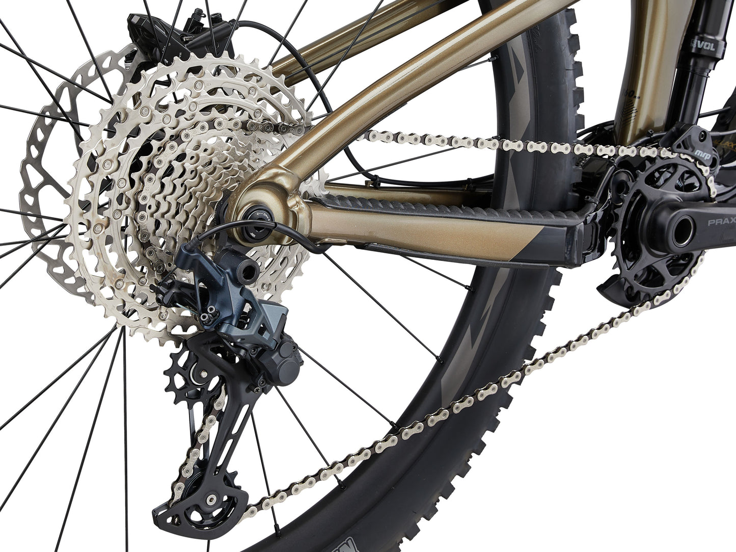 Close-up of a bicycle's gear system on a white background