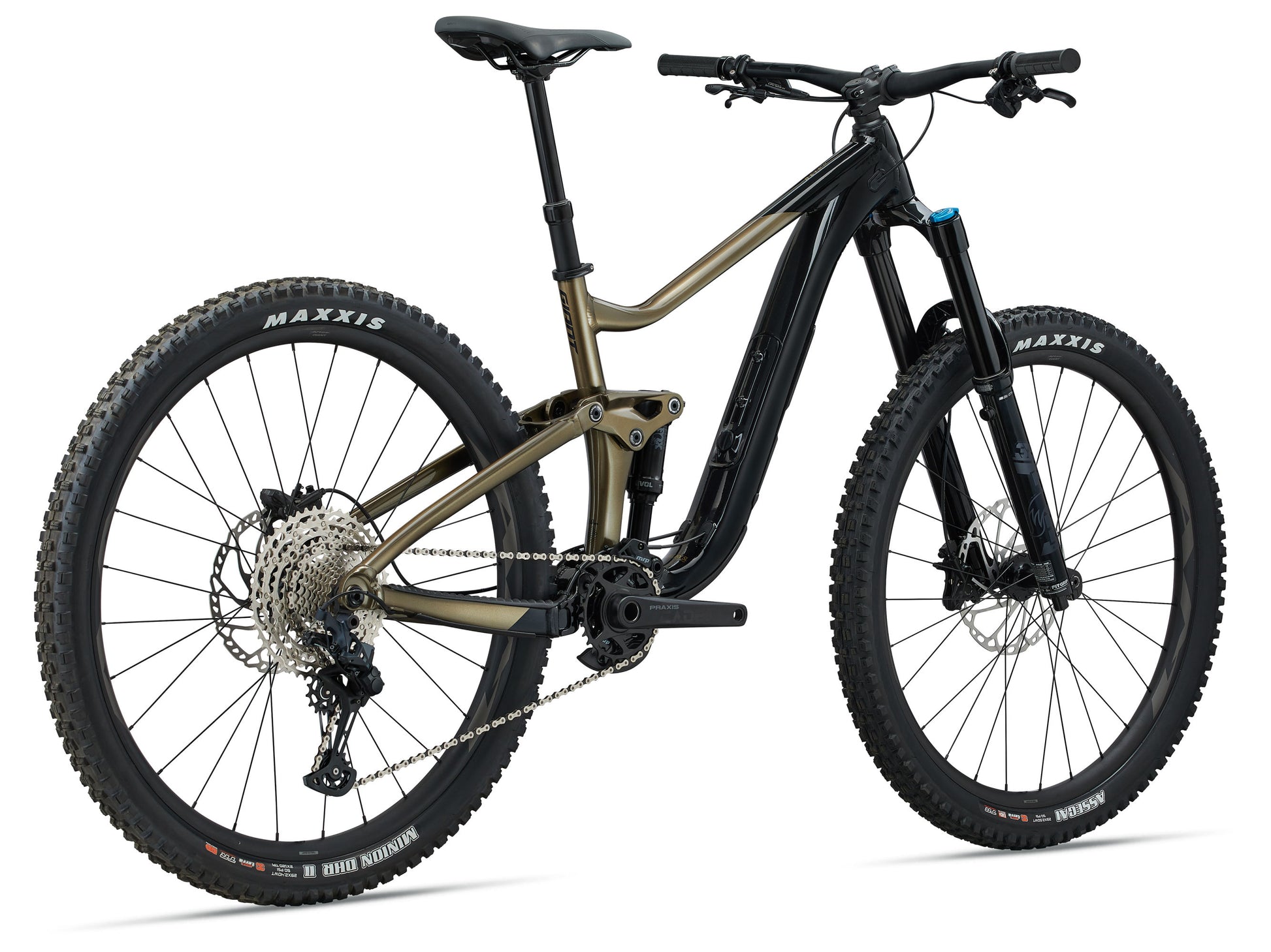 Mountain bike with black frame and tires on a white background