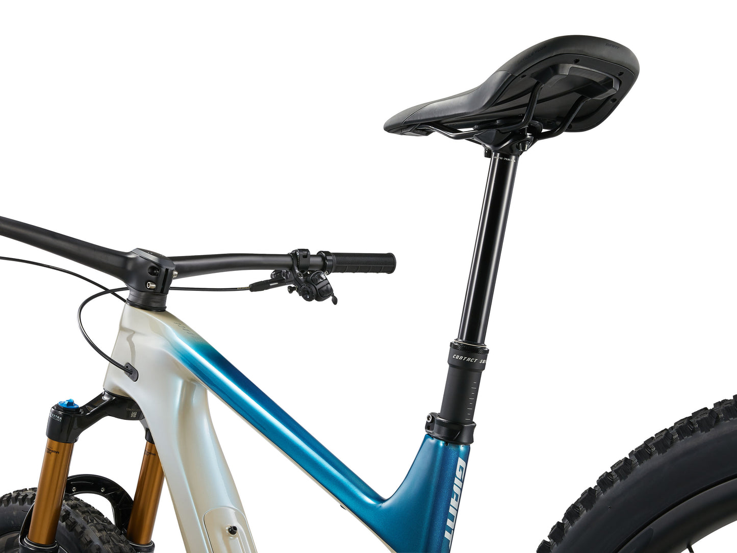 Close-up of a blue mountain bike with black seat and tires on a white background