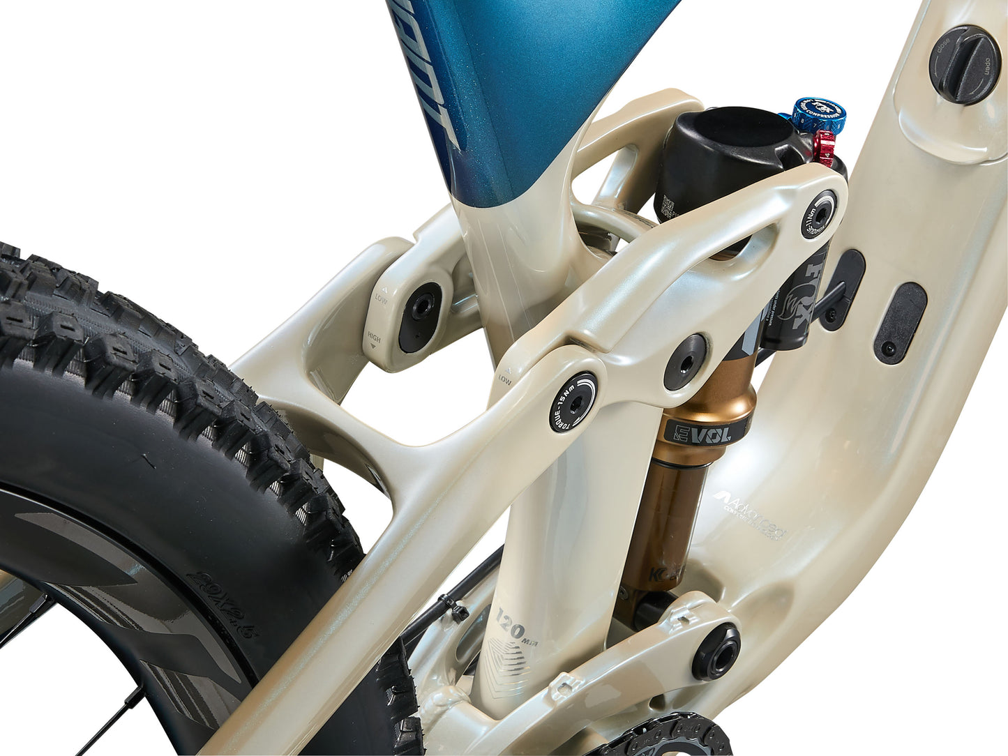 Close-up of a bicycle suspension fork with a white frame and blue top tube.