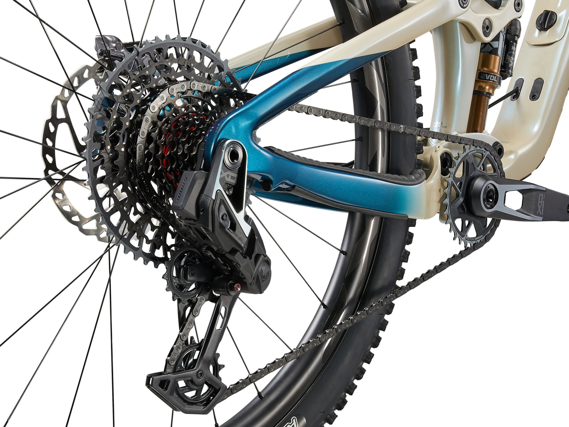 Close-up of a bicycle's rear wheel and gear system on a white background