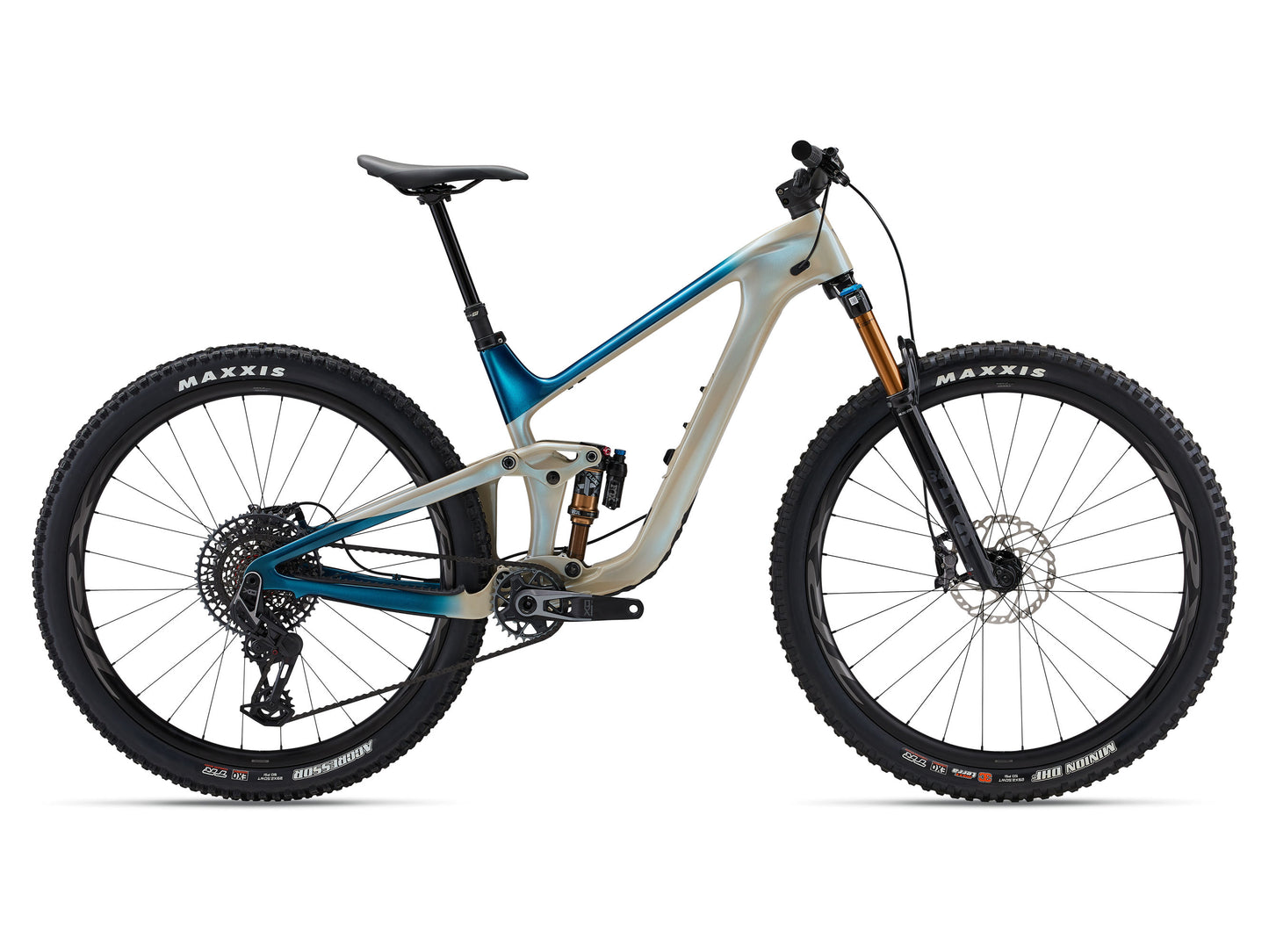 Mountain bike with blue and white frame on a white background