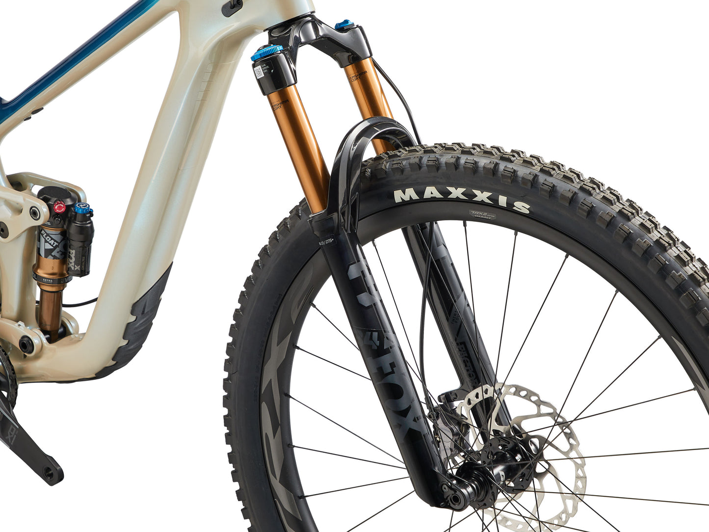Close-up of a mountain bike with Maxxis tire on a white background
