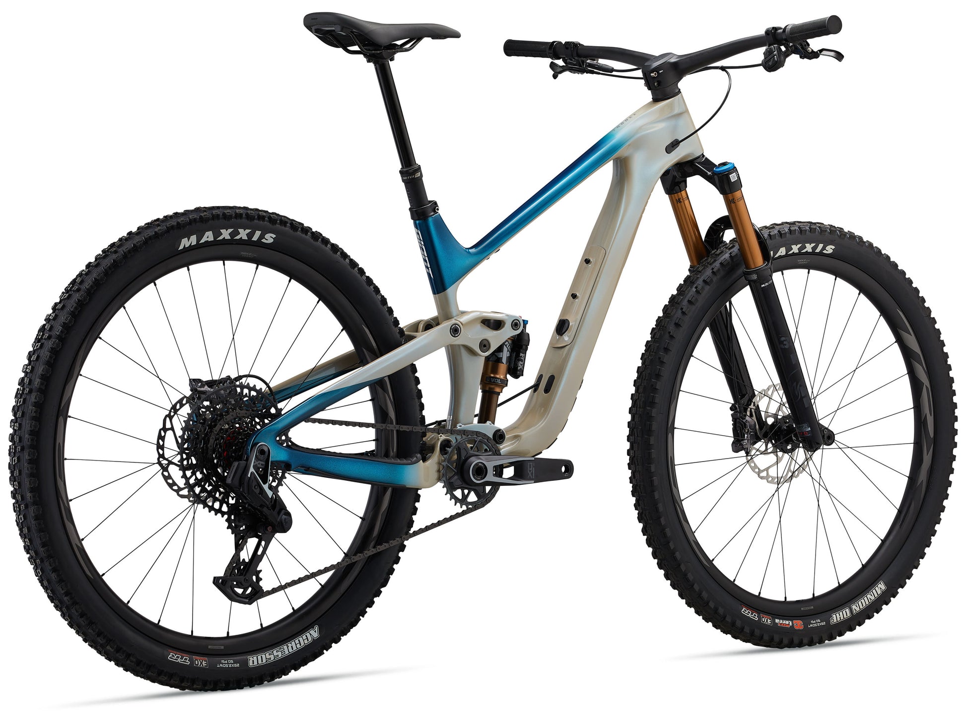 Mountain bike with blue and white frame on a white background