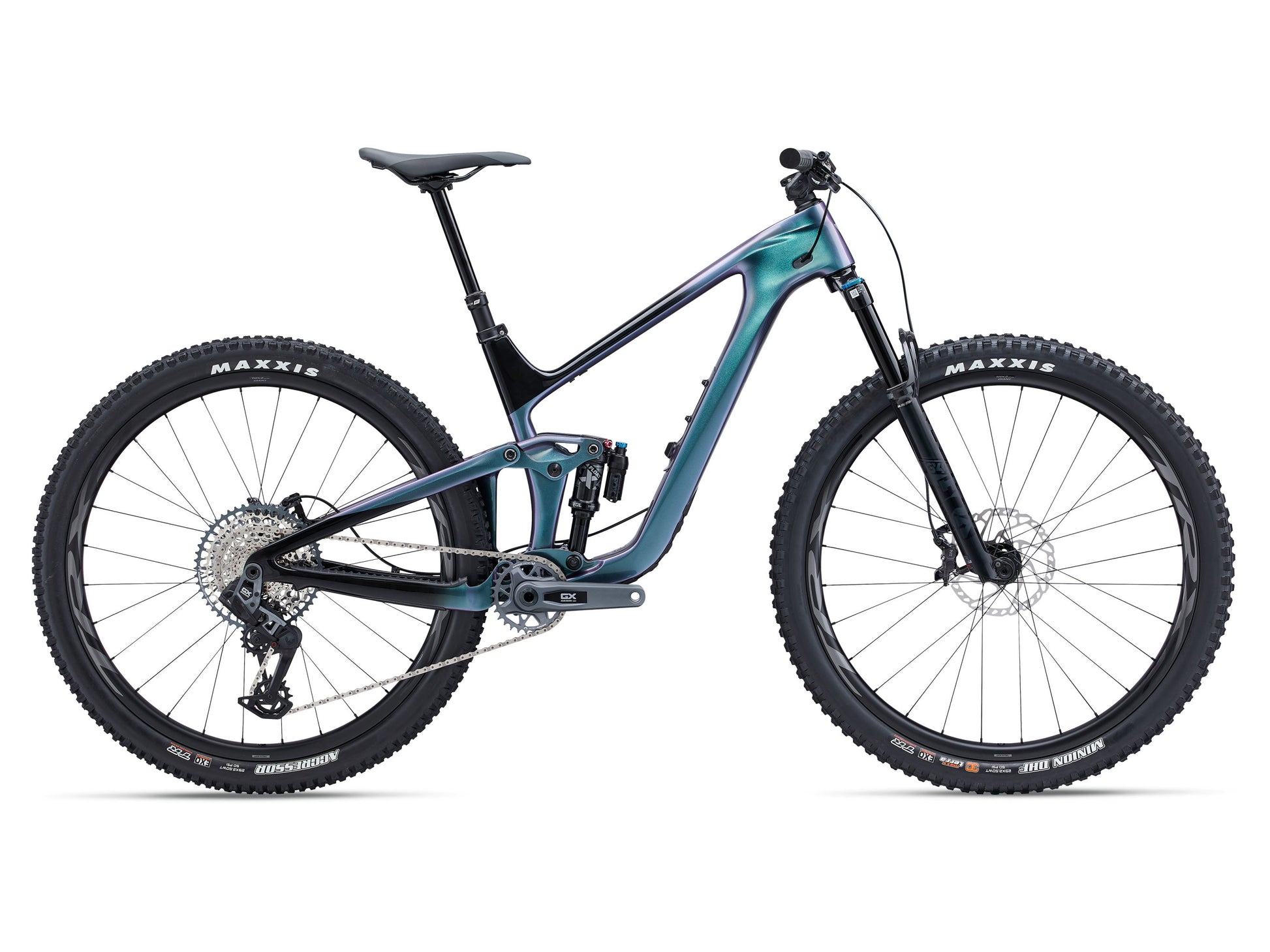Mountain bike with teal frame and black components on a white background