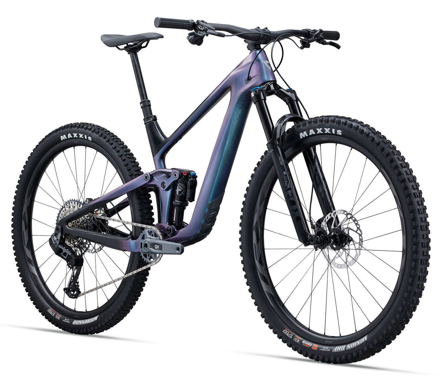 Mountain bike with purple frame and black components on a white background
