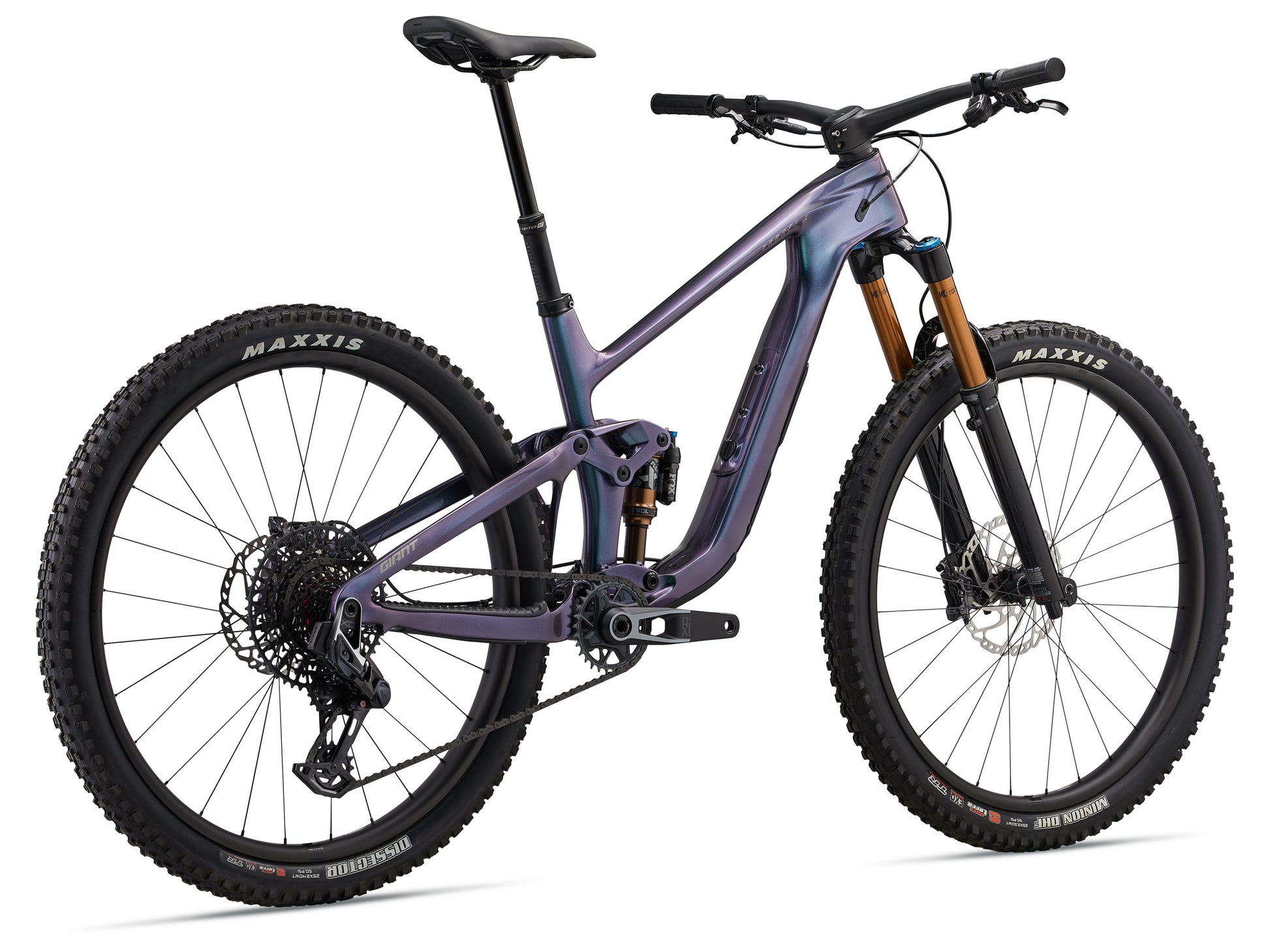 Mountain bike with purple frame and black tires on a white background