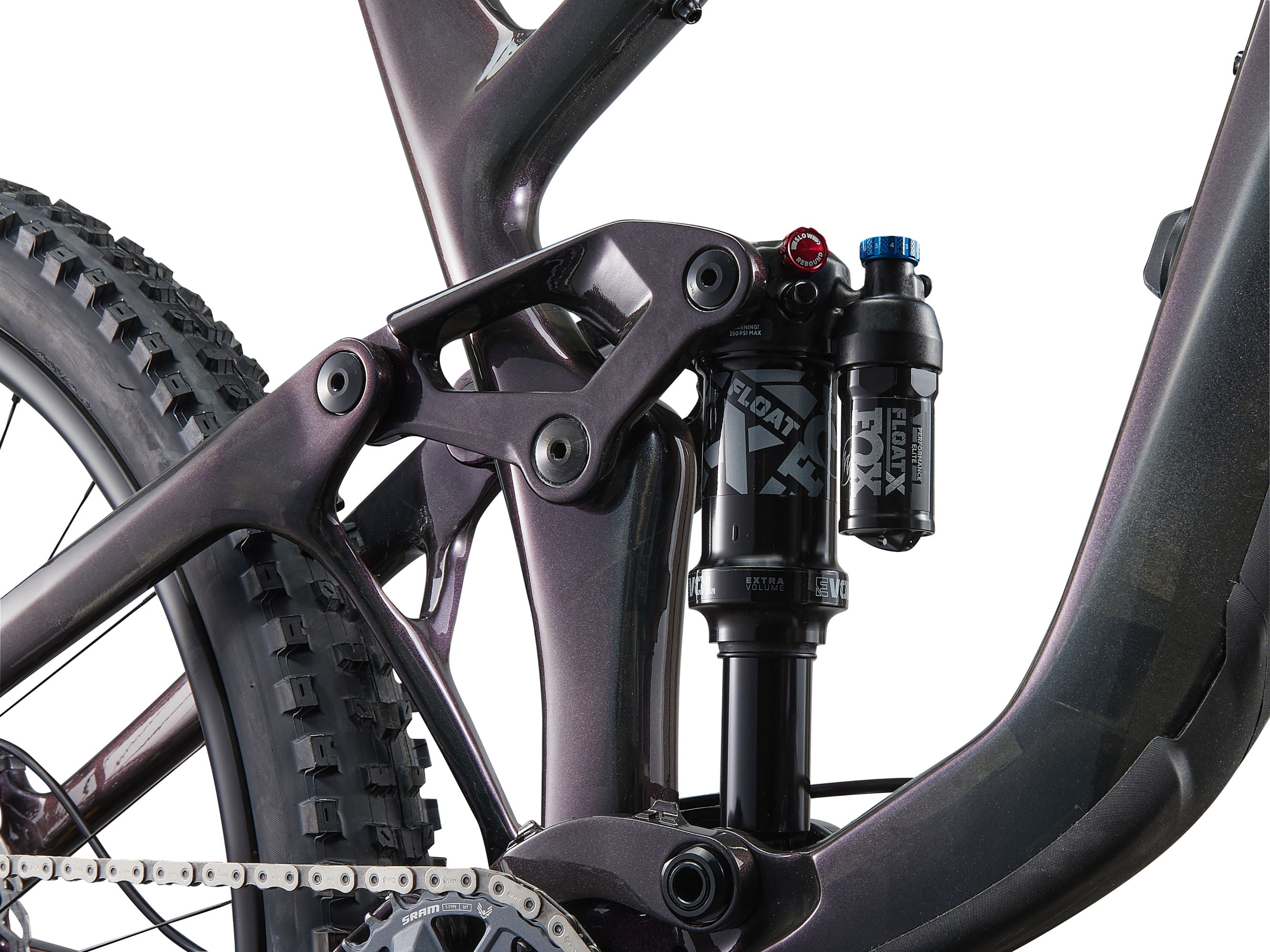 Close up of bicycle suspension with a Fox Float X on a Giant Trance X Advanced 1 