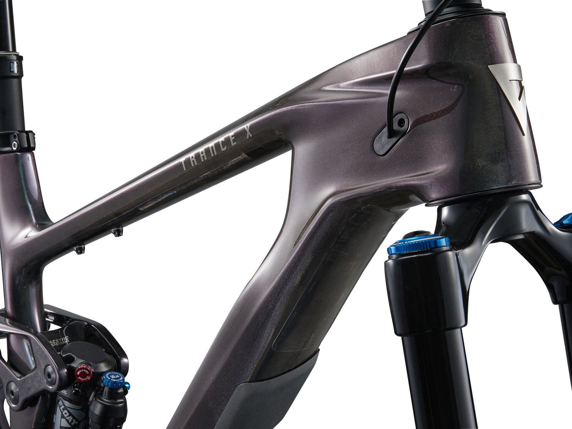 Close-up of a bicycle frame with 'Hinoki' branding on a white background