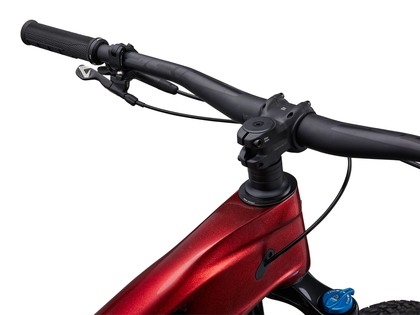 Close-up of a red bicycle handlebar with black grips on a white background