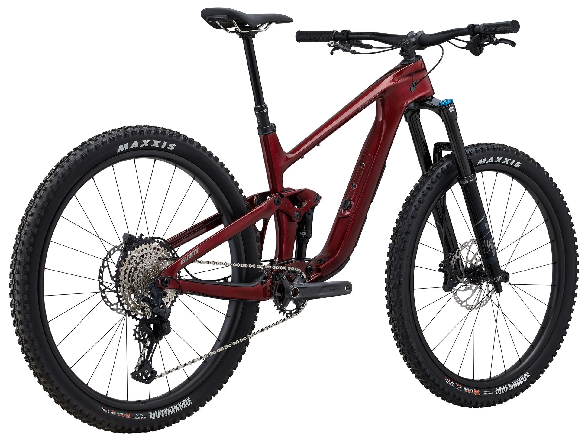 Red mountain bike with black components on a white background