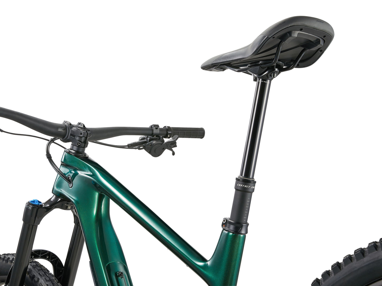 Green mountain bike with black seat on a white background