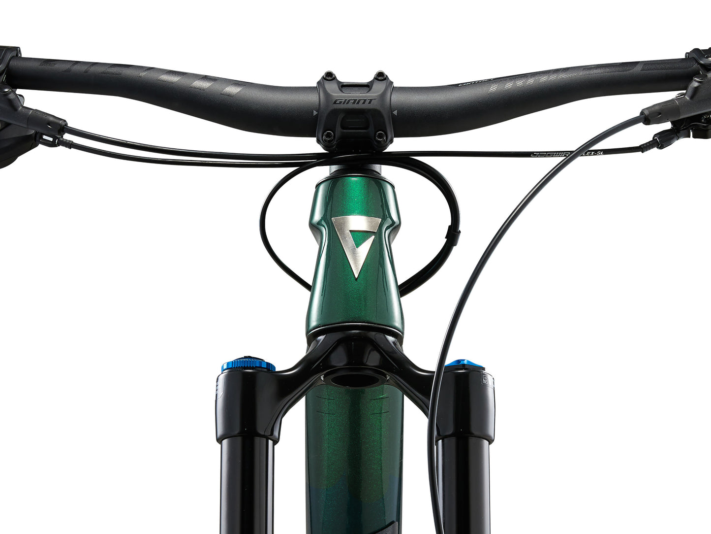 Close-up of a bicycle handlebar and front suspension fork on a white background