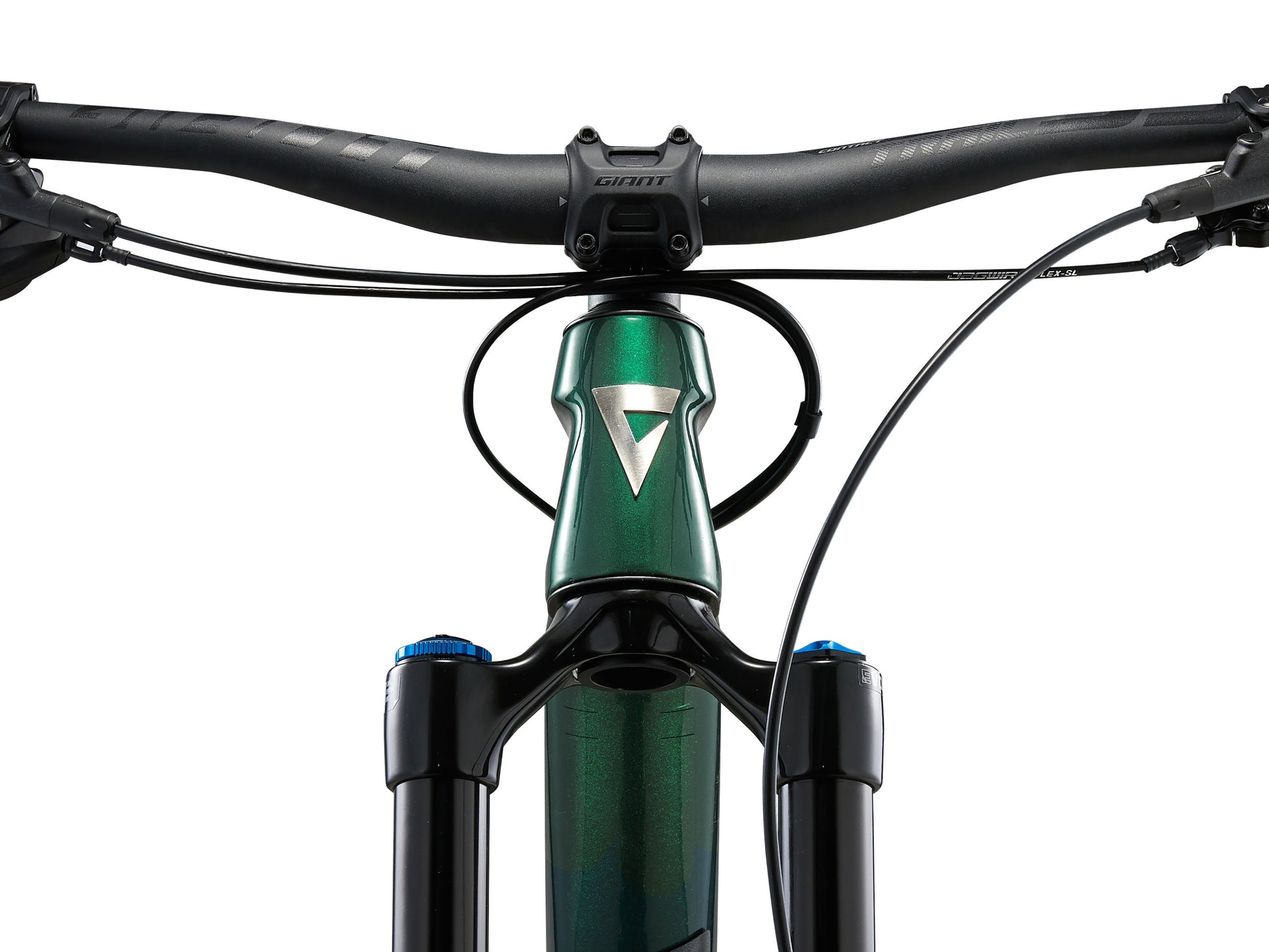 Close-up of a bicycle handlebar and front suspension fork on a white background