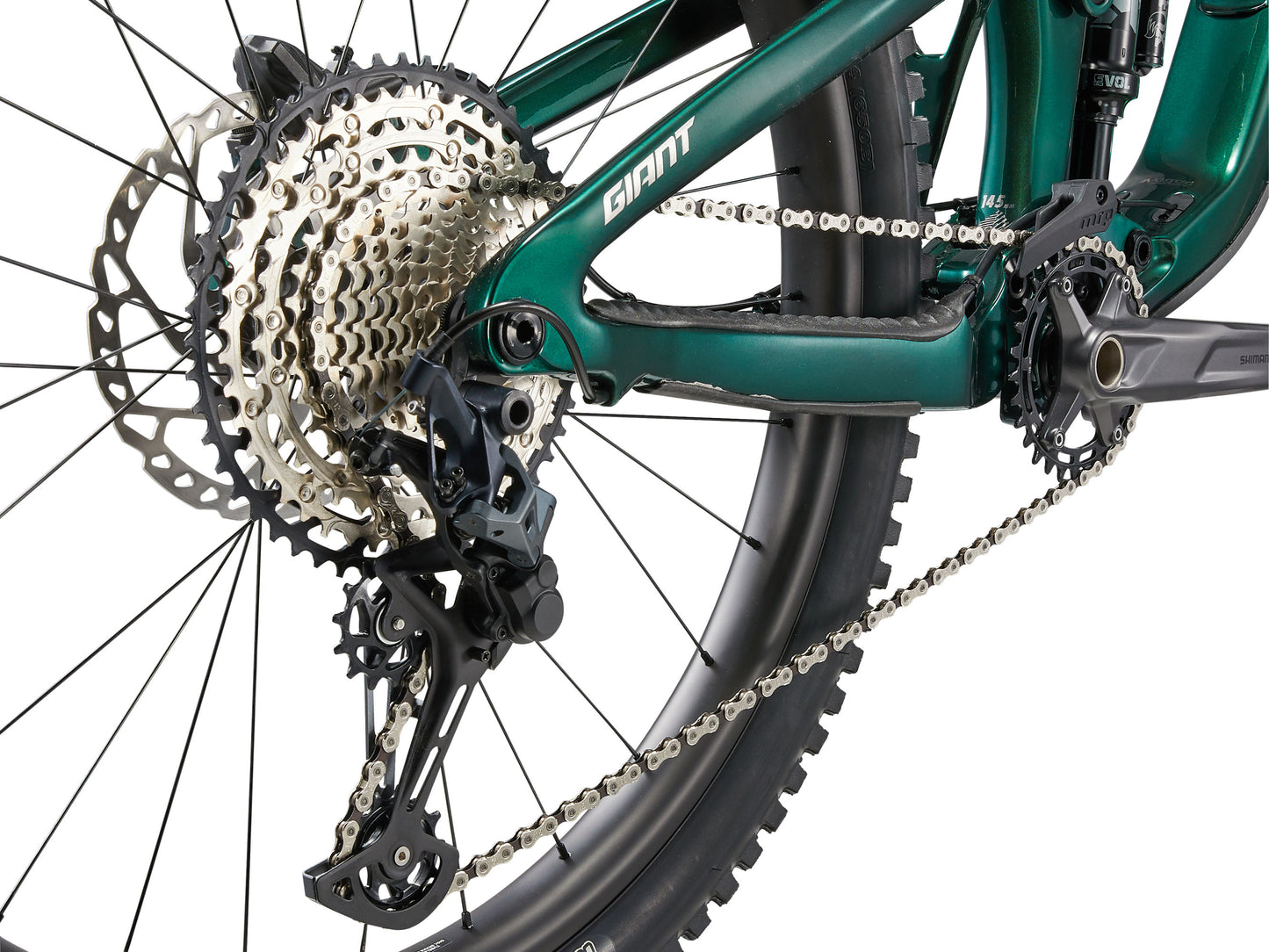 Close-up of a bicycle's gear system with 'Giant' branding on a white background