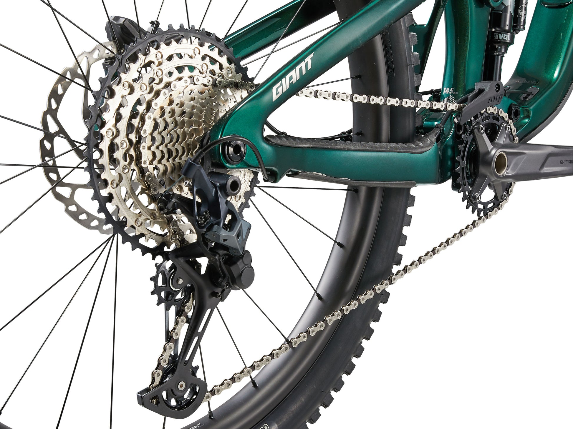 Close-up of a bicycle's gear system with 'Giant' branding on a white background