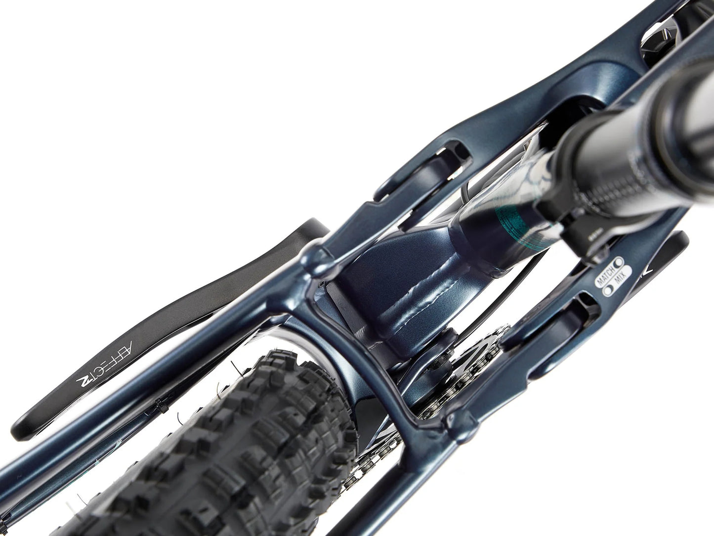 Close-up of a mountain bike's suspension fork on a white background