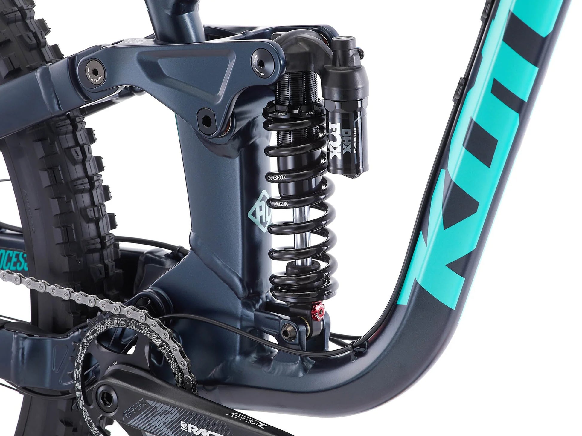 Close-up of a bicycle suspension fork with brand logo on a white background