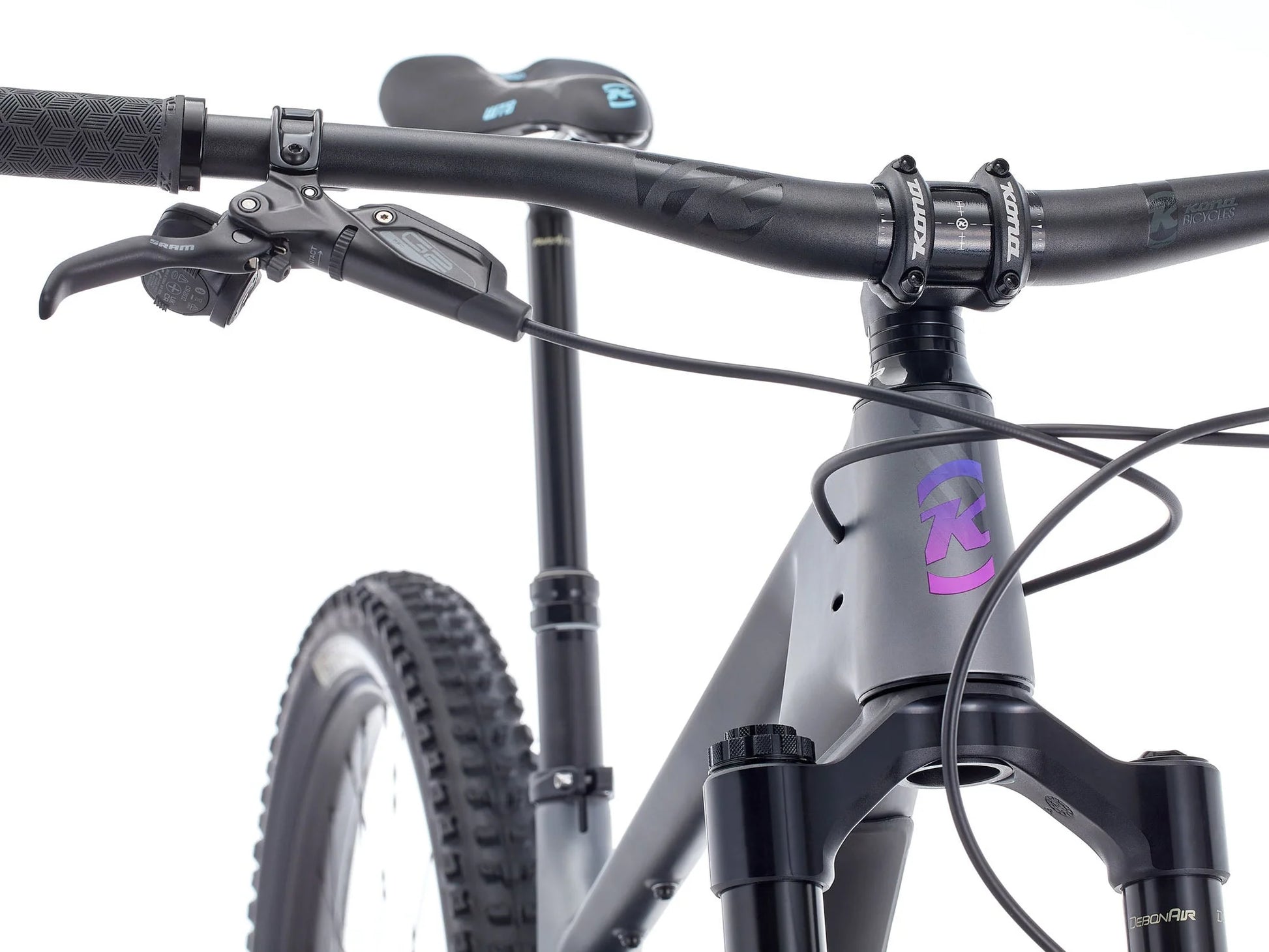 Close-up of a bicycle handlebar with visible brand logo on a white background