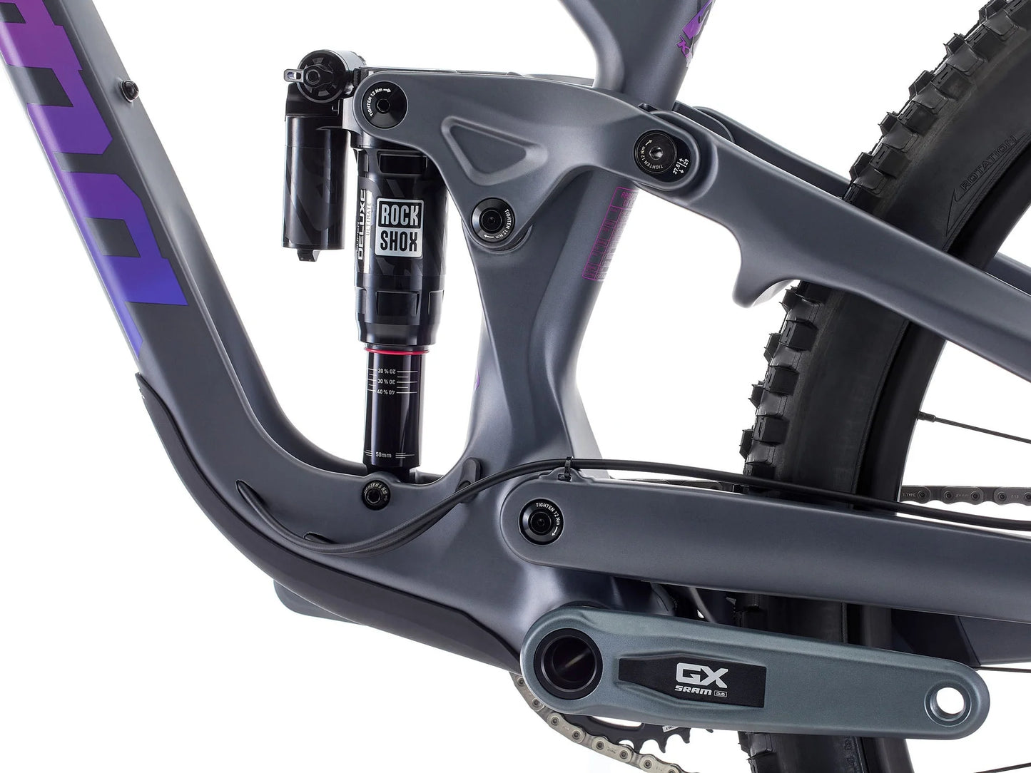 Close-up of a bicycle frame with Rock Shox suspension fork on a white background