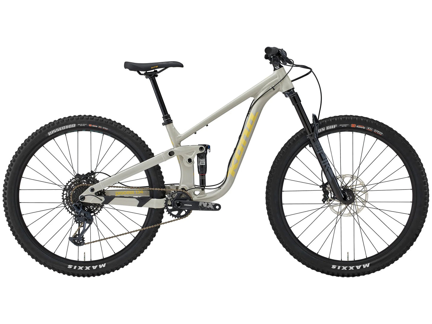 White mountain bike with black tires on a white background