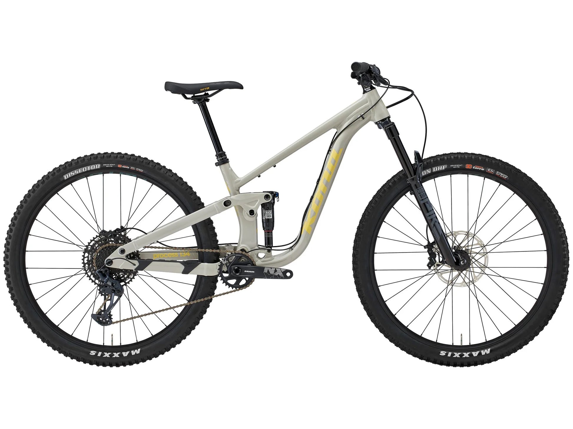 White mountain bike with black tires on a white background
