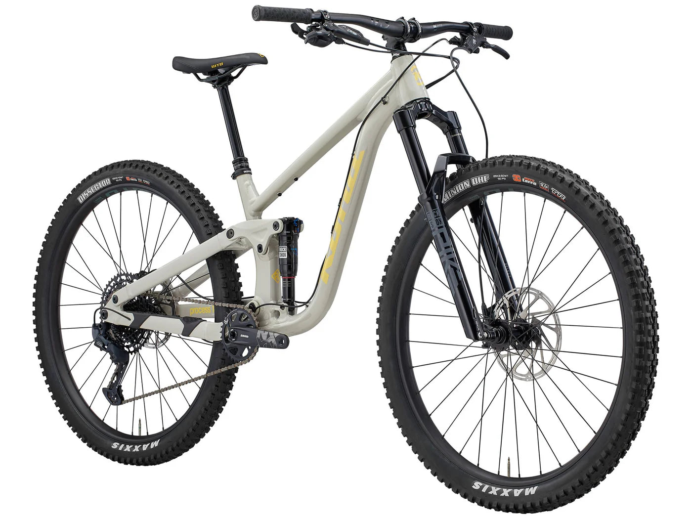 White mountain bike with black components on a white background