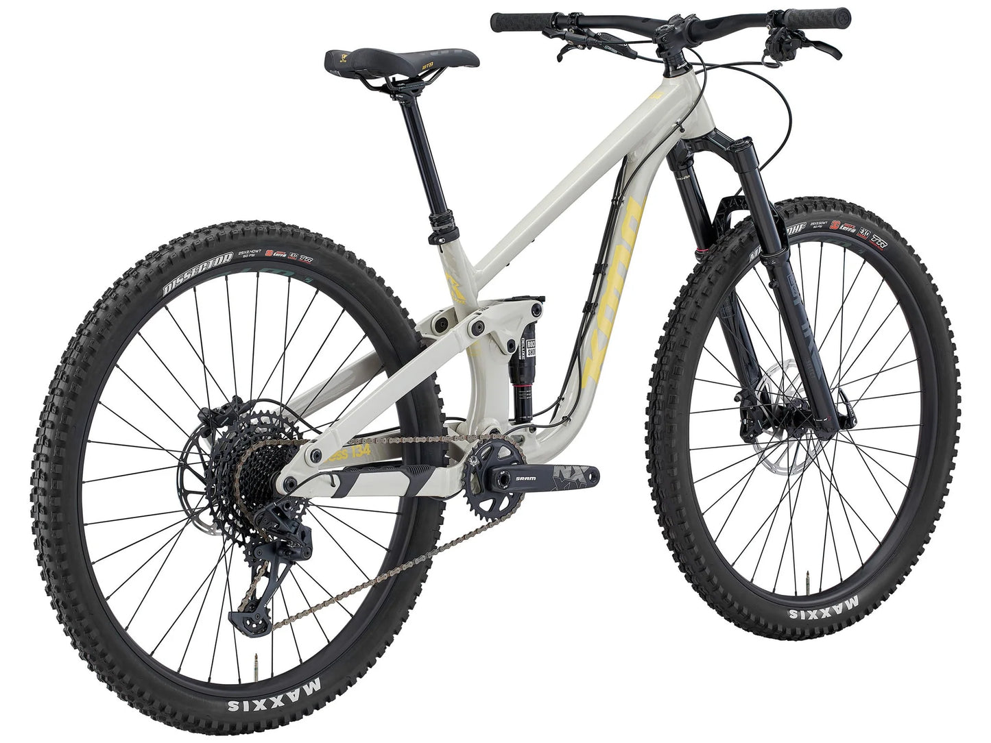 White mountain bike with black components on a white background