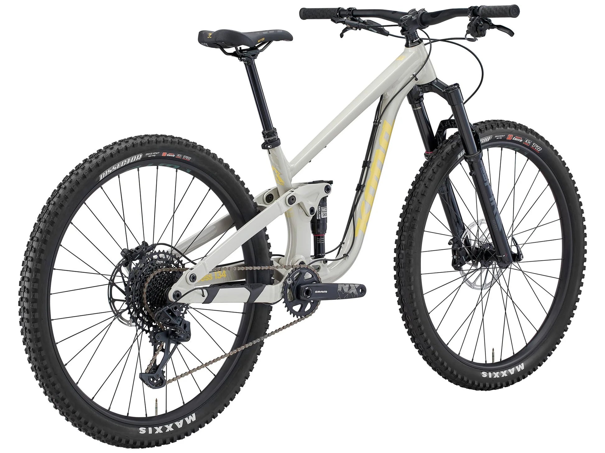 White mountain bike with black components on a white background