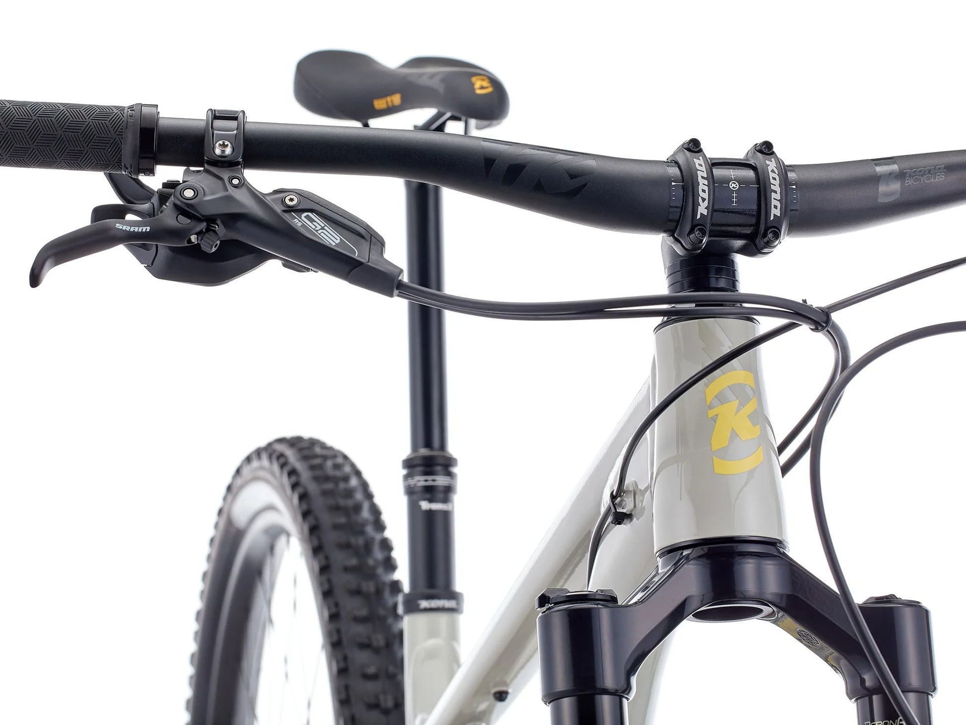Close-up of a bicycle handlebar with a visible brand logo on a white background