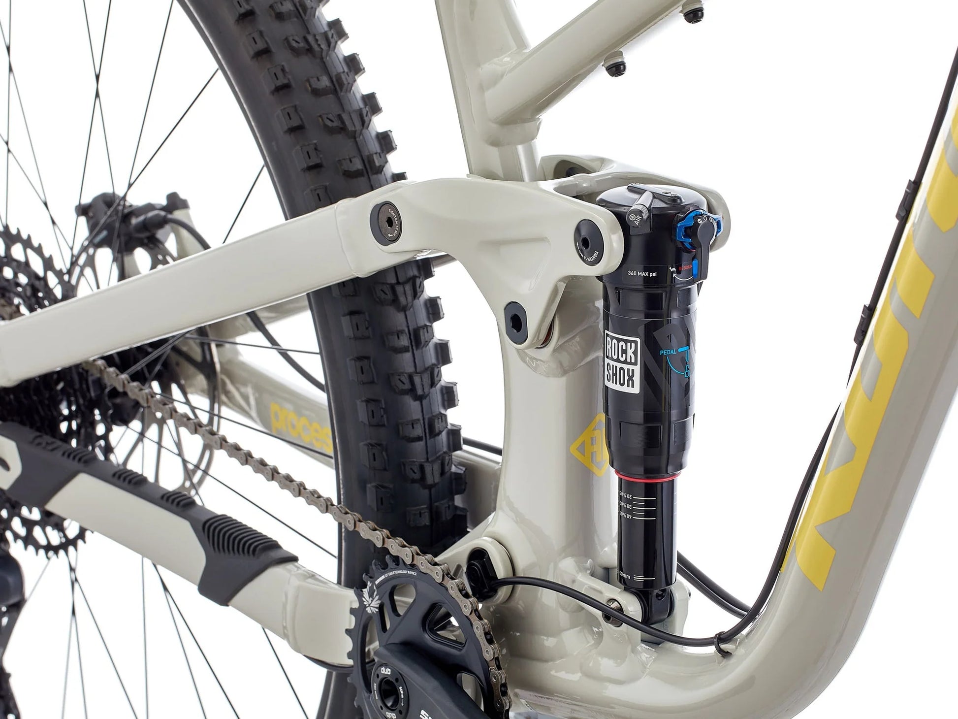 Close-up of a bicycle with suspension fork on a white background