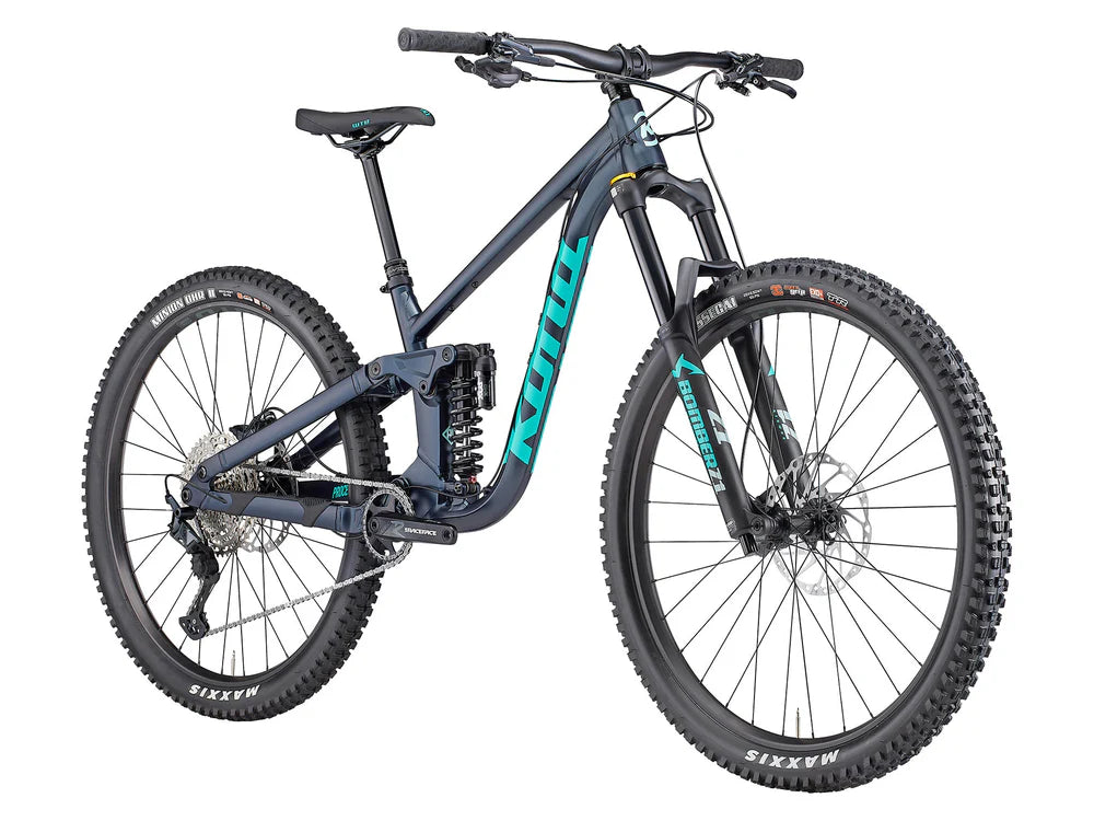 Mountain bike with teal and black design on a white background